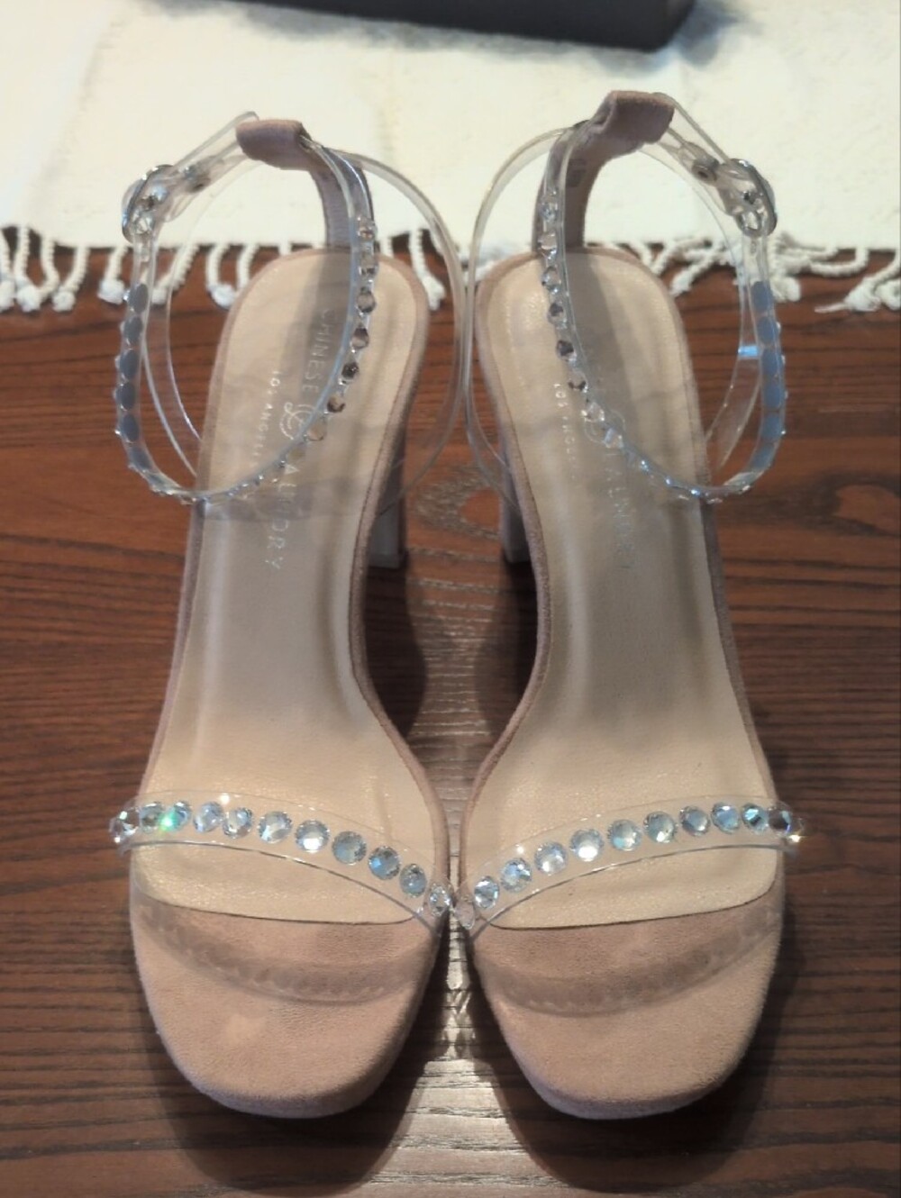 9 Chinese Laundry Elegant Nude Block Heel Sandals with Crystal Straps